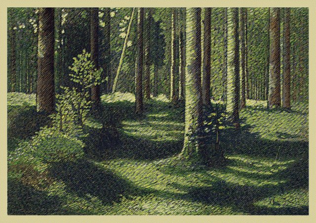 Lesní klid, barevný linoryt, 2006, 380 x 565 mm