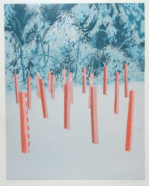 Miloš Sláma / Mladé stromky v zimě; linoryt; 38x48cm; 2013; 4500,-kč