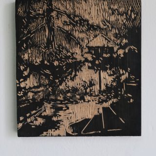 Zimní, 2016, rytá deska, olové dřevo, tuš, 22 x 34 cm