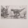 Skřítci a teropod, lept, rok 2010, 24x36 cm celý papír, 11 x 22 cm plocha tisku