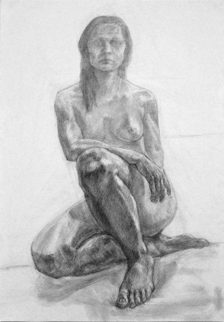 Dagmar Dolíhalová, Sedící autoportrét, kresba, 100 X 70 cm